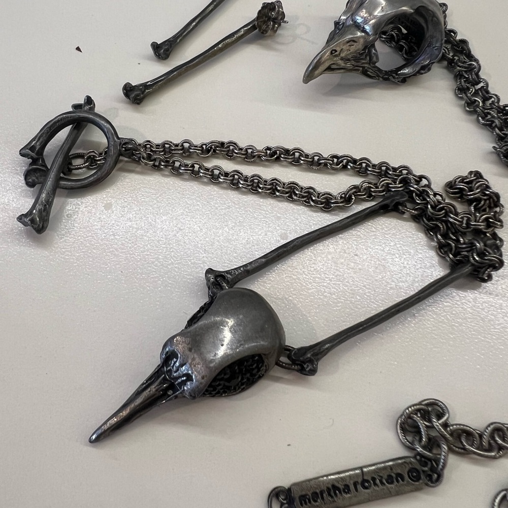 Black Bird Skull Necklace and Bone Earrings Set